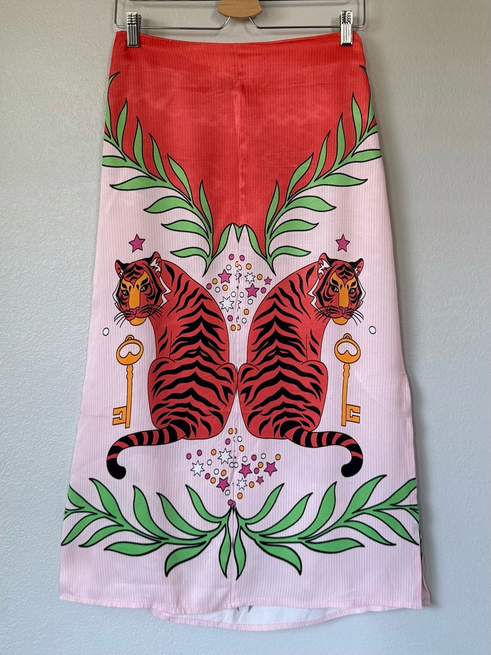 ANTHROPOLOGIE S Bl-nk Lania Slip Midi Skirt • Boho Tiger Print Silky Slit - Picture 2 of 12